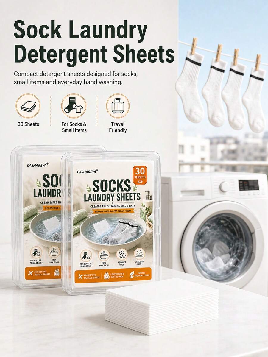 1 Box 30pcs Socks Laundry Sheets, Socks Cleaning Sheets, Hanging Design, Stain Removal, Antibacterial & Odor Removal, Disposable Portable Pack, Daily Essential, Home & Commercial Use, Machine & Hand Wash Compatible, Travel Use - Sock Laundry Sheets - View 1