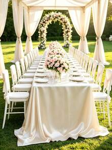 102 X 58 Inch Satin Tablecloth, Rectangular Bed Skirt, Silky Fabric, Champagne Color Party Tablecloth Suitable For Rectangular Dining Tables, Parties, Holidays, Weddings (Ivory White) - Beige - View 4