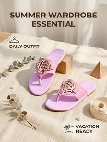 Pink Gold Metal Ornament Girls Flip-Flops Thong Sandals Soft Breathable Premium Faux Leather Summer Beach Shoes - Pink - View 6