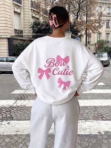 White V-Neck Cute Letter Graphic Sweatshirt For Women, Loose Drop Shoulder Slouchy Pullover Top, Versatile Casual Sweatshirt For Autumn Back To School, Commute, Date - White - View 1