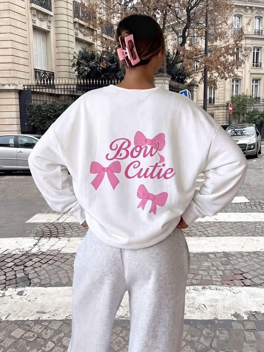 White V-Neck Cute Letter Graphic Sweatshirt For Women, Loose Drop Shoulder Slouchy Pullover Top, Versatile Casual Sweatshirt For Autumn Back To School, Commute, Date - White - View 1