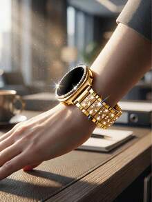 Rhinestone Watch Band + Case Set, Compatible With Samsung Galaxy Watch 9/8 40mm And 44mm. Elegant Fashion Shiny Metal Rhinestone Watch Band, Anti-Drop Anti-Scratch Rhinestone Watch Case, Suitable For Casual Party Business Women Smart Watch Band And Case - Sparkling Diamond Strap + Case - Gold - View 2