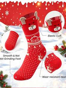 1/3/6 Pairs Of Women's Socks - Multi-Color Cartoon Reindeer 3D Design Fleece Polka Dot Texture Contrast Christmas Soft And Comfortable Mid-Calf Casual Socks For All Seasons - Multicolor - View 6