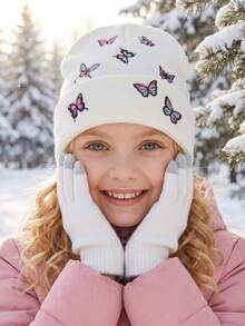2pcs Girls White Fully Embroidered Butterfly Knit Hat + Gloves 2-Piece Set, Thickened Sweet Knit Hat, Soft White Beanie For Autumn/Winter - 2PC - View 2