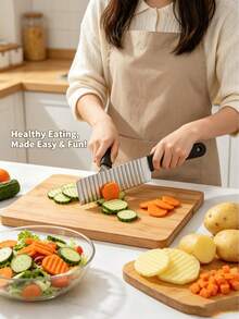 2-In-1 Wavy Potato Slicer Set, Stainless Steel Wavy Slicer Knife + Manual Press Wavy French Fry Slicer, Multi-Function Wavy Vegetable Slicer Tool, Suitable For Potatoes, Carrots, Cucumbers, Can Make Wavy Potato Chips, Wavy French Fries And Decorative Salad Slices - Multicolor - View 6
