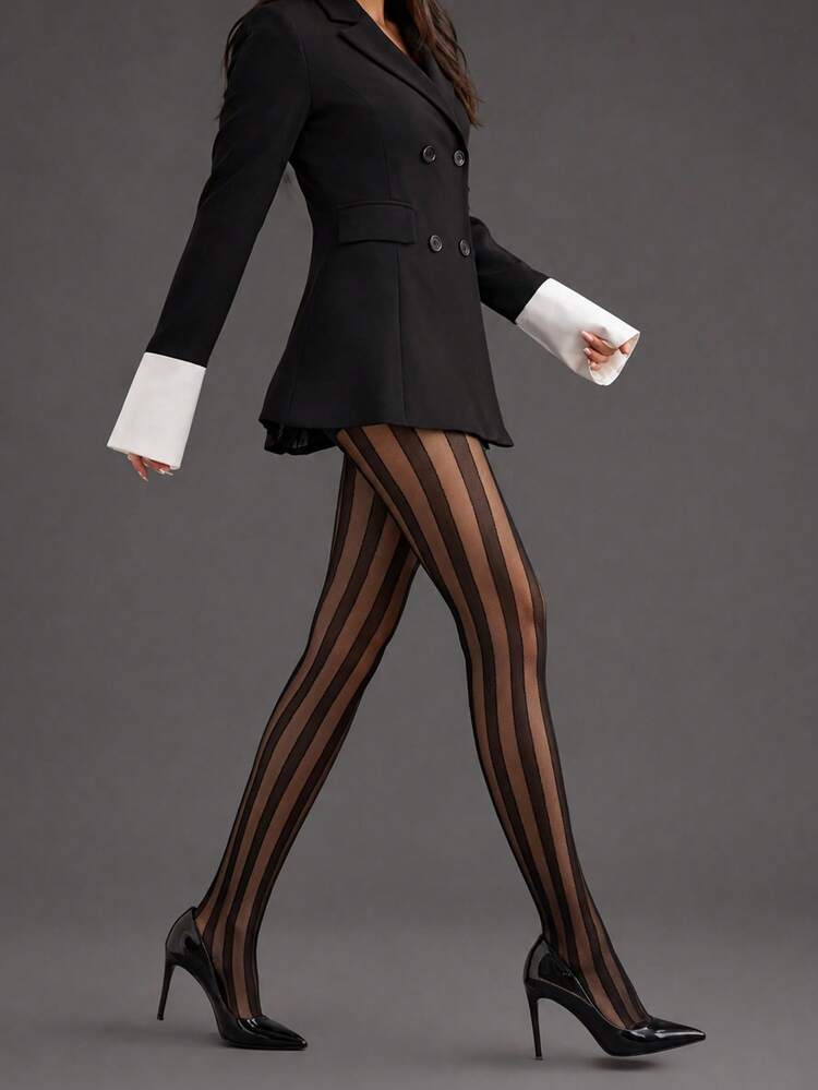 1件女款條紋針織不透明褲襪，側條紋連褲襪，適合秋季、萬聖節、Cosplay、派對與四季穿著 - 黑色 - 查看 10