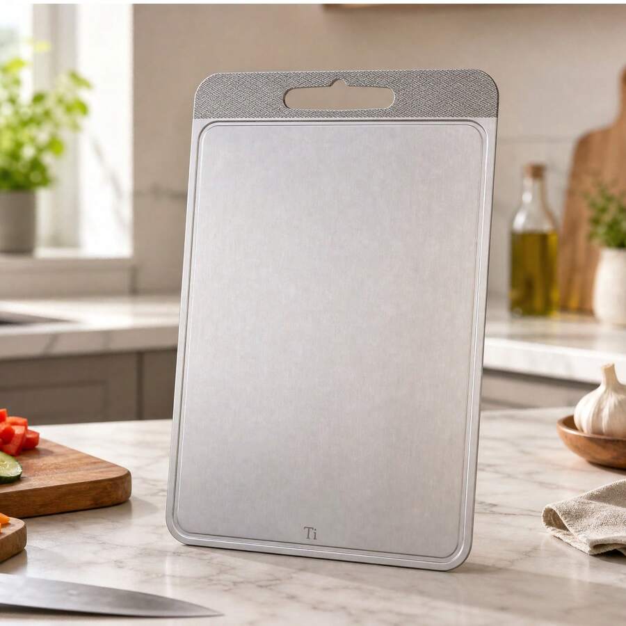 1pc Pure Titanium Carbon Fiber Texture Cutting Board, Medical Grade Material, Juice Groove, Double-Sided Use, Easy To Clean, Heavy Duty Thickened, Dishwasher , Durable, Rust-Resistant, Easy Maintenance, Suitable For Kitchen - Silver - View 1