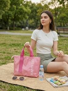 1pc Printed Lunch Bag, Dopamine Color Palette, Portable Design, Waterproof & Dustproof, Suitable For Storing Lunch Boxes, Utensils, Etc., Ideal For Picnic, Camping, Office Lunch, School Meals - Multicolor - View 7
