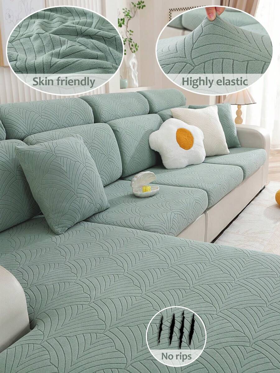 1pc Solid Color Flannel Sofa Cover, All-Season Universal Anti-Cat Scratch Elastic Non-Slip Sofa Slipcover, Full Coverage Sofa Cover, Hat Fabric, Suitable For All Seasons, Fit For L-Shaped Sofa And 1/2/3/4 Seater Sofa In Living Room - Green - View 1