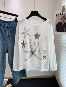 American Beach Vacation Aurora Island Style Starfish Print Lightweight Semi-Sheer Sun Protection Cover-Up Loose Long Sleeve T-Shirt - White - View 3