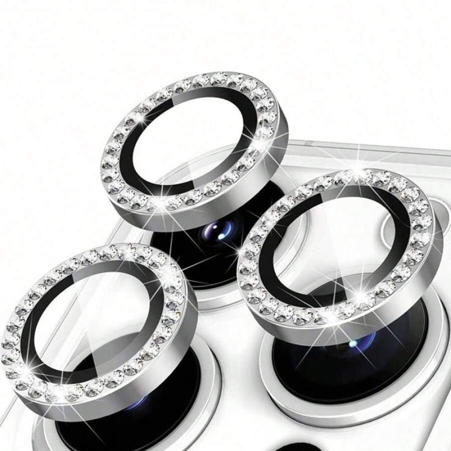 3pcs Camera Lens Protector For IPhone 18/18 Pro/18 Pro Max/17/17 Pro/17 Pro Max/17 Air/16/16 Plus/15/14/13/12/11, Shiny Personalized Metal Diamond Ring Design, 9H Hardness Anti-Scratch, Fashionable Phone Accessory, Compatible With Phone Case - Silver - View 1