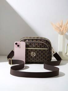 1pc Women's Casual Commuter Crossbody Bag, 4 Zipper Pocket Design, Solid Color Fashionable Letter Pattern, Textured Comfortable Handheld, Shoulder, Large Capacity, Perfect For Travel, Shopping, Commuting - Coffee - View 3
