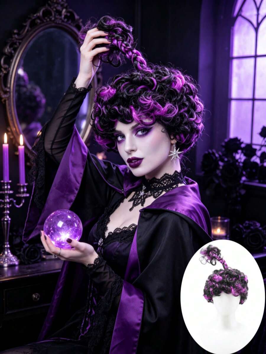anxin Peruca Curta Encaracolada Sintética Preta e Roxa com Design de Trança Elevada Especial, Visual de Bruxa para Fantasia de Halloween Feminina, Cosplay e Eventos de Encontro - Púrpura - Visão 1