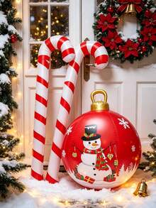 3pcs/Set PVC Inflatable Christmas Ball, Inflatable Candy Cane And Candy Cane Set, Includes Large Red Decorative Balloon, Suitable For Christmas Scene Decoration, Christmas Party, Christmas Atmosphere Arrangement And Photo Props - Multicolor - View 6