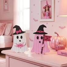 2pcs/1set 2D Flat Wooden Halloween Desktop Decor Ornaments For Home Bedroom Holiday Party Display Ghost Gift For Friends And Family - A - View 1