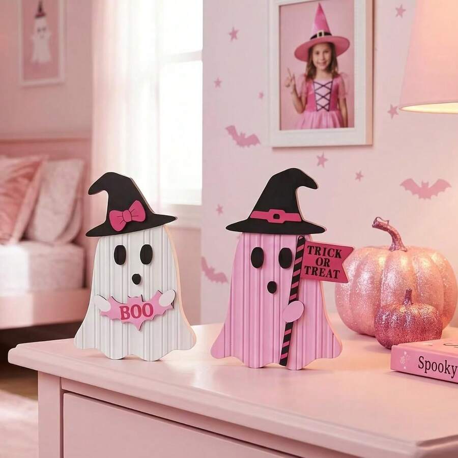 2pcs/1set 2D Flat Wooden Halloween Desktop Decor Ornaments For Home Bedroom Holiday Party Display Ghost Gift For Friends And Family - A - View 1