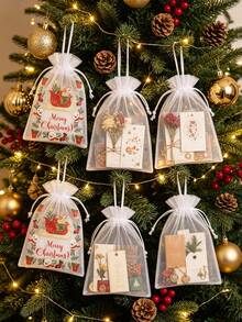 1 Set Christmas Transparent Mesh Gift Bags, Drawstring Bags, Holiday Gift Packaging Bags, Ribbon Closure. Suitable For Christmas Parties, Wedding Gifts, Jewelry And Craft Storage. - Multicolor - View 6
