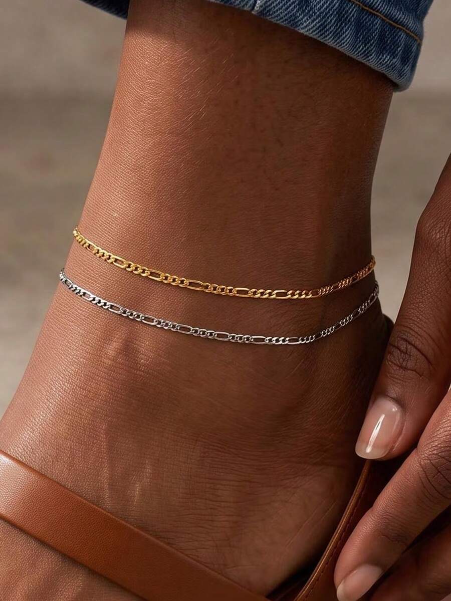 1pc Stainless Steel Figaro Chain Anklet Waterproof Everyday Simple Anklet Gold Anklet For Women - Anklet - View 1
