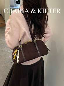 CHAIKA & KILTER 1件純色麂皮布料單肩包，女款復古時尚啞光貝殼包，對比色絎縫線條，雙手柄設計，拉鍊開合，適合日常與街頭使用（附吊飾） - 咖啡 - 查看 8