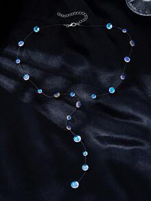 1pc European And American Style Invisible Fishing Line Y-Shaped Knot Necklace, Colorful Aurora Iridescent Round Bead Long Pendant Necklace, Delicate Transparent Beaded Women's Accessory, Suitable For Party And Daily Wear - Colorful - View 6