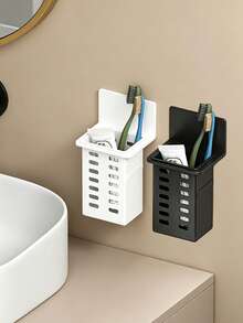 2/1pc Wall-Mounted Toothbrush Holder, Self-Adhesive No-Drill Bathroom Storage Rack, Hollow Ventilated Hanging Toothpaste & Makeup Brush Organizer Basket, Waterproof Wall-Mounted Storage Basket, Multi-Function Plastic Bathroom Toothbrush Accessory - Multicolor - View 8