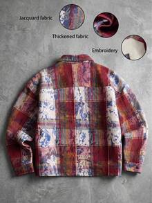 Graffiti Plaid Jacquard Thickened Zipper Jacket, Plus Size 23, Decorated With Embroidery Applique, Loose Fit Y2K Hip-Hop Streetwear Jacket - Red - View 2