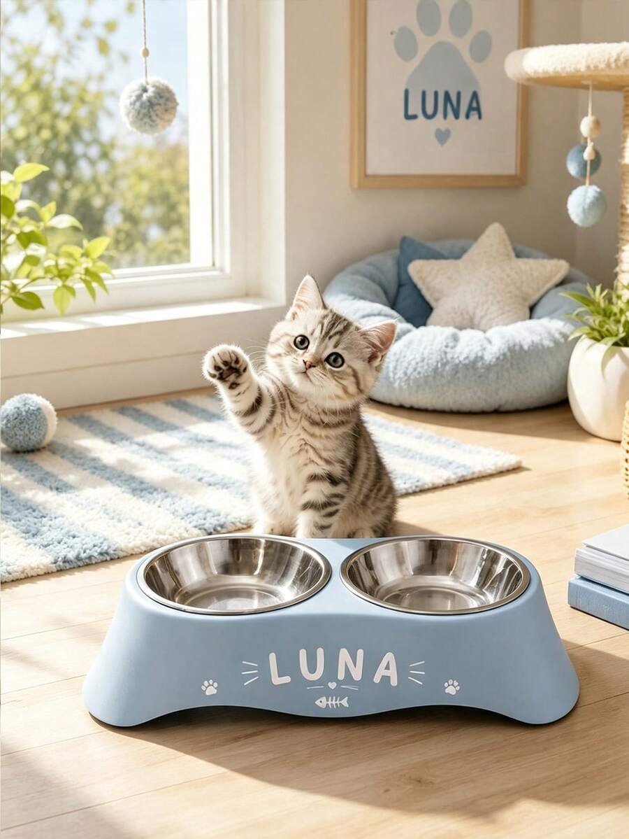 Customizable Stainless Steel Cat Bowl, Personalized Name Customization, Neck Protection Design, Detachable And Easy To Clean, Ideal Gift For Pet Owners - Multicolor - View 1