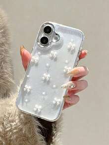 Cute White Bow With Shiny Silver Frame Transparent Background Epoxy Resin Phone Case, Compatible With IPhone 18Pro/18ProMax/17/17Air/17Pro/17ProMax/16/15/14/13/12/11/X/XS/XR/Mini/Pro Max/Pro/Plus, Korean Style TPU Soft Shell - White - View 4