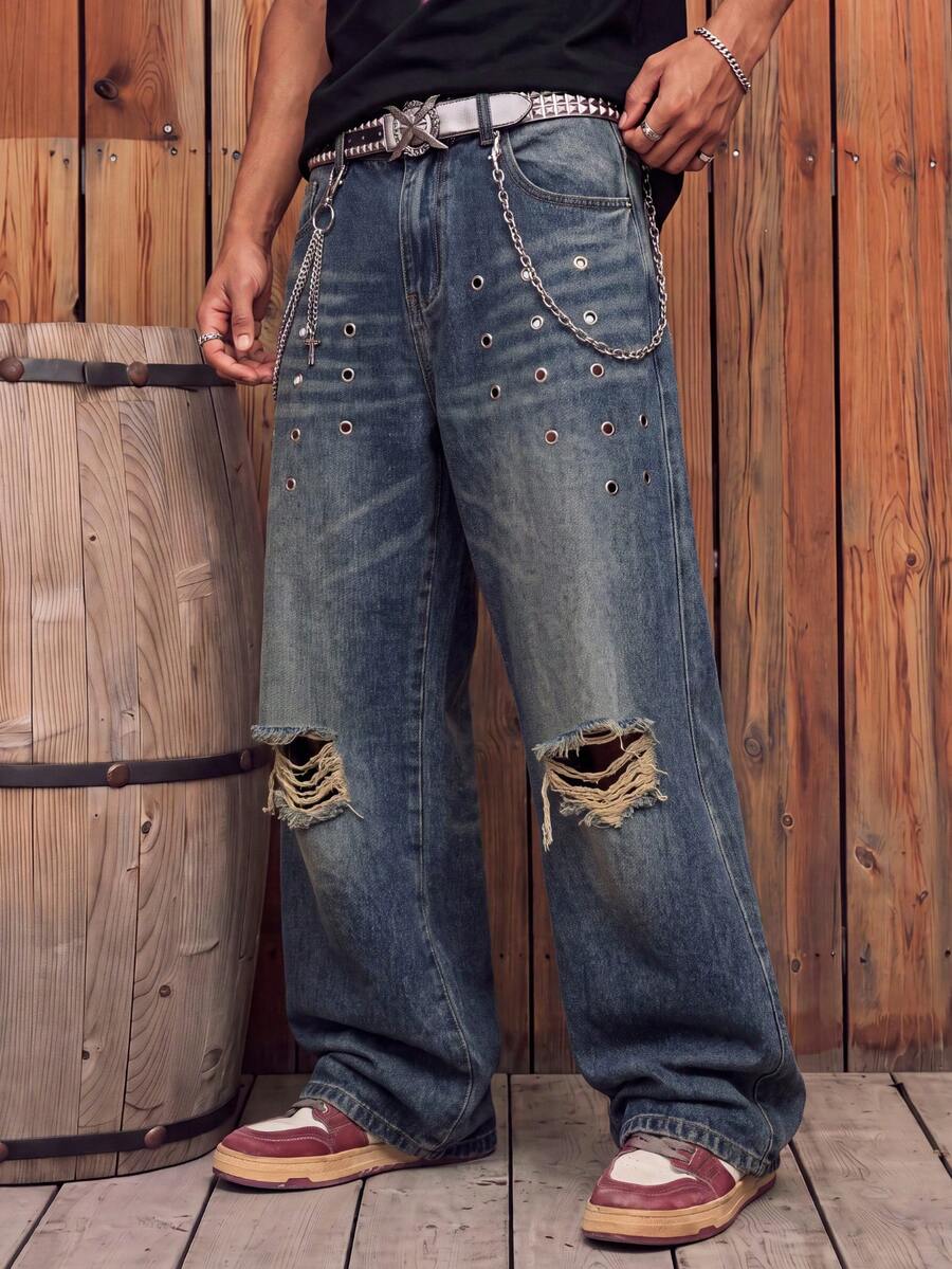 Men's Vintage Washed Denim Jeans With Silver Eyelet Decor, Knee Distressed Ripped Design, Casual Daily Versatile Long Pants - Blue - View 1