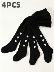 4 Pairs Of Black Heart-Patterned, Skin-Friendly, Warm, Thickened Thigh-High Tights For Baby Girls-Perfect For Everyday School Wear, Fall/Winter Style - Multicolor - View 10
