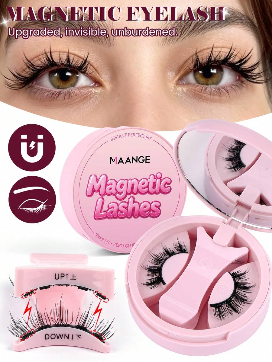 MAANGE 1 Pair CC Curl Magnetic False Eyelashes Set, With Reusable Eyelash Applicator, No Glue Needed, Cartoon Style False Eyelashes, 1 Eyelash Applicator, Perfect Fit For Eye Contour, Natural Cartoon Style False Eyelashes, Mixed Design, 3D Dense False Eyelash Strips, Create Charming Lifted Eye Makeup, Eyelash Extension Set, Women's Gift, Summer Travel Essential (First-Time Wear Of Magnetic False Eyelashes May Require Multiple Attempts) - Multicolor - View 1