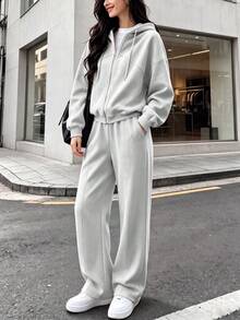 Women's Casual Grey Full Zip Hoodie And Matching Sweatpants Set, 2 Pieces Sportswear, Suitable For Daily Wear, Fabric With Slight Stretch - Grey - View 3