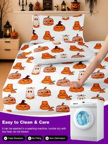 1pc Halloween And Thanksgiving Ghost Pumpkin Print Fitted Sheet, Silent Non-Slip, Machine Washable, Durable And Easy To Care, All Season Use, Suitable For Multiple Bed Sizes, Home, Dorm, Apartment, Guest Room, Rental, Bedroom Decor And Holiday Gift - Multicolor - View 8