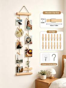 18pcs Wall Hanging Photo Display Set/Natural Wood Photo Wall Hanging Rope/Wooden Hemp Rope Decorative Photo Clips/Hanging Photo Clips Frame/Includes 1 Hanging Display Rack + 15 Photo Clips + 1 Adhesive Hook + 1 Metal Hook - Multiple Styles - View 6