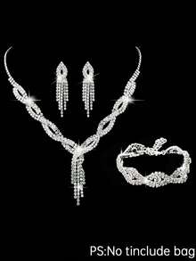 4pcs Luxury Sparkling Women's Jewelry Set, Formal Party Handbag With Rhinestone Bow Decor, Bridal Wedding Gift Set, Suitable For Party, Wedding, Prom, Gala - Silver - View 12