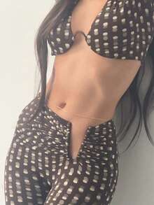 Women's Polka Dot Print Deep V-Neck Long Sleeve Cropped Top With Pleated Slim Fit Pants Set - Brown - View 3