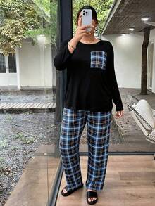 Women's Plus Size Pajama Set, Plaid Pocket, Long Sleeve Long Pants Loungewear Set, Autumn/Winter Clothing - Blue - View 5