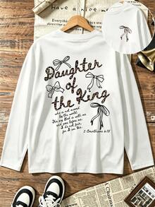 Plus Size Women's Leopard "Daughter Of The King" Bow & Bible Verse Graphic Long Sleeve Tee, Moderate Stretch Crewneck Loose Casual Fall Top - White - View 2