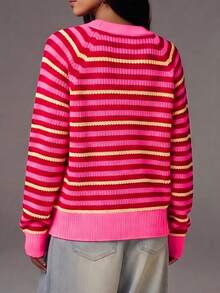 Women's American Retro Colorful Striped Cardigan Sweater, Button Front Round Neck Knit Top, Long Sleeve Casual Preppy Commuter Jacket Red - Red - View 6