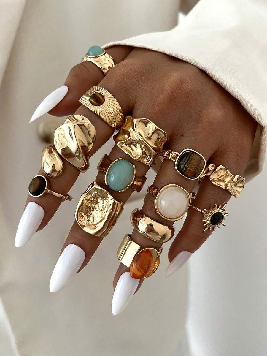 13pcs/7pcs/6pcs Vintage Elegant Casual Women's Colorful Gemstone & Brown Tiger Eye Asymmetrical Geometric Sun Multi-Element Gold Ring Set, Suitable For Autumn/Winter Daily Wear, Party, Vacation, Holiday Gift - Gold - View 1