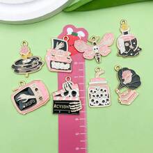 2/8pcs Pink Gothic Enamel Charms Alloy Skeleton Moth Record Player Pendant For DIY Halloween Bracelet Necklace Earring Jewelry Making Findings - Pink - View 4