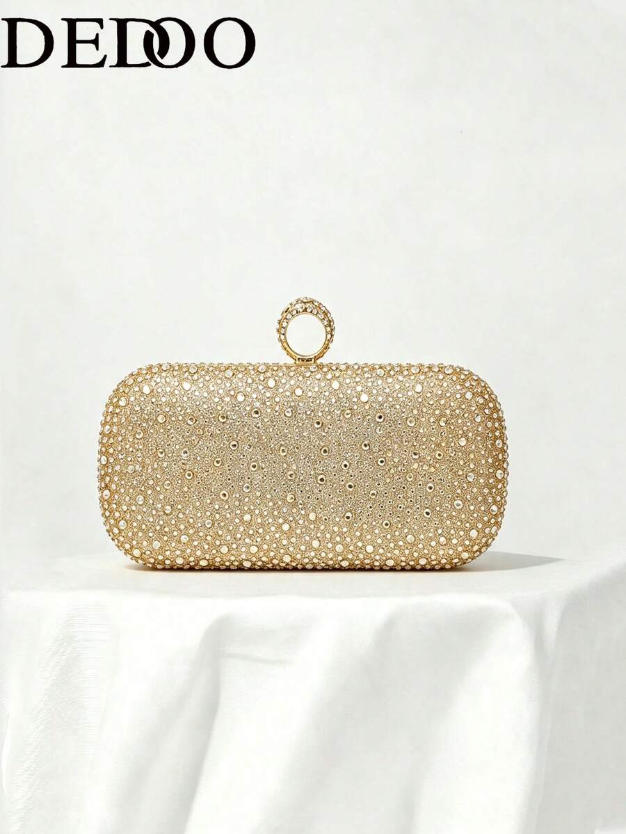 Women's Evening Clutch Bag, Rectangular Hard Shell, Ring Handle, Detachable Chain, Luxury Fashion Style, Suitable For Weddings, Balls, Parties, All-Season Formal Handbag