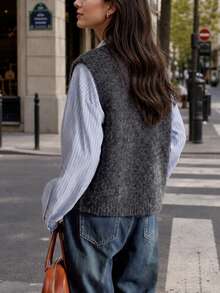 Women's Autumn Casual Minimalist V-Neck Knit Cardigan Vest, Wool Blend Fall - Dark Grey - View 2