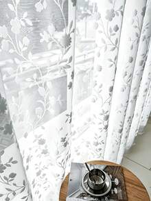 1 Panel White Floral Sheer Voile Curtain, Full Embroidery, Rod Pocket Top, Suitable For Living Room, Bedroom, Room Decor Curtains, Multiple Room Types - White - View 7