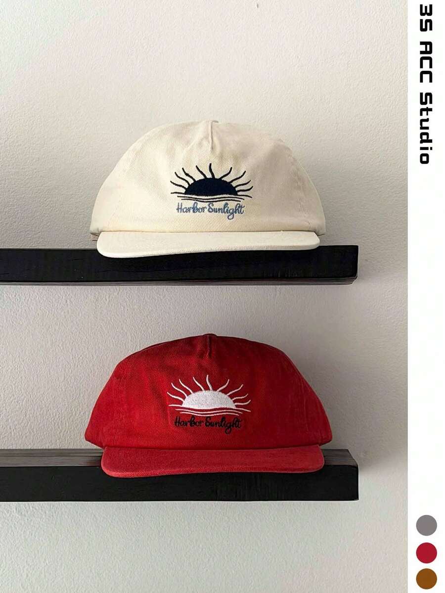 美式刺繡太陽日出字母英文刺繡平帽簷寬帽簷棒球帽 春夏旅行顯臉小嘻哈棒球帽 男士遮陽帽 嘻哈平帽簷棒球帽