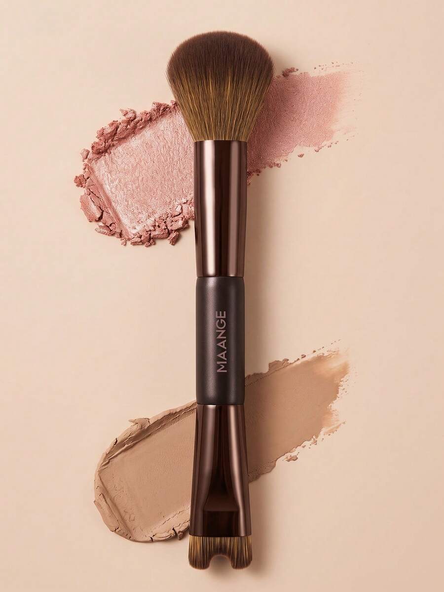 MAANGE 1pc Dual-Ended Makeup Brush Set, Can Be Used As Nose Contour Brush, Blush Brush, Powder Brush, Contour Brush, Highlighter Brush, Makeup Tool Suitable For Daily Facial Makeup - Brown - View 1