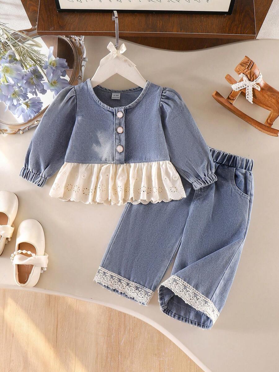 2pcs/Set Baby Girl Cute Puff Sleeve Long Sleeve Top And Straight Leg Pants With Lace Trim, Autumn - Light Wash - View 1