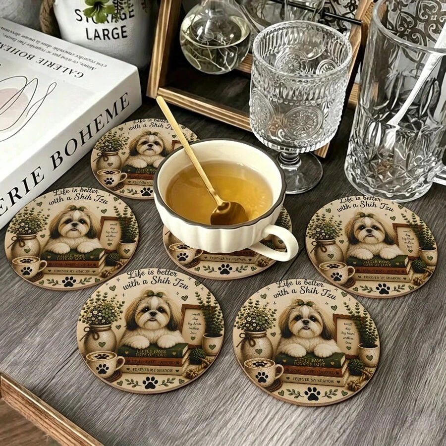 1組印花復古小狗設計木製防滑杯墊,居家廚房裝飾配件,適用於各種節日聚會、婚禮配件、感恩節、返校季裝飾禮物 - 多色LDX2533 - 查看 1