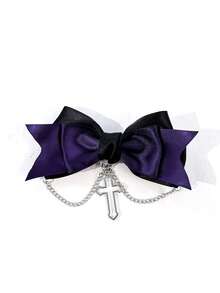 4/8pcs Gothic Style Purple Black Lace Bow Ribbon Hair Clip, Halloween Bat Cross Chain Hair Clip, Holiday Hair Accessory - Multicolor - View 6