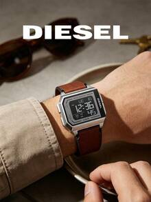 DIESEL Square Digital Watch, Silver Metal Case, Brown Leather Strap, Vintage LCD Wristwatch - Black - View 6